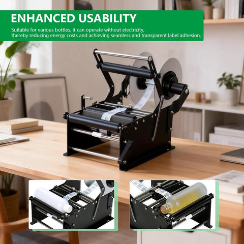Wultek Precision Bottle Labeling Machine With Handle Flexible Capacity For Various Shapes Quick Adjustable Clamps Non Electric User Friendly Setup Smooth Operation High Speed Labeling For Small Business Projects And Craft Production Lines Easy To Use on a wooden table with labels ready for bottles.