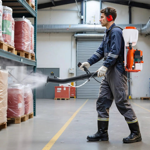 Person using Backpack Fogger Sprayer With 63cc 3HP Gas Engine, 4-Gallon Tank, And Liquid Powder Duster for pest control indoors