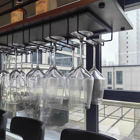 Industrial Dope Two Tier Ceiling Mount Wine Rack With Glass Holders For Home Bar Or Restaurant, Iron And Wood Display Shelf