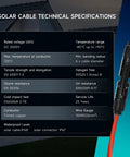 Two 10 Foot Solar Extension Cables With 10AWG PV Wire Red Black 2 Pairs Waterproof Connectors For PV Panels Controllers And Off Grid Systems Beefy Weatherproof Build For Tough Outdoor Use, technical specifications shown.