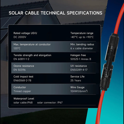 Two 10 Foot Solar Extension Cables With 10AWG PV Wire Red Black 2 Pairs Waterproof Connectors For PV Panels Controllers And Off Grid Systems Beefy Weatherproof Build For Tough Outdoor Use, technical specifications shown.
