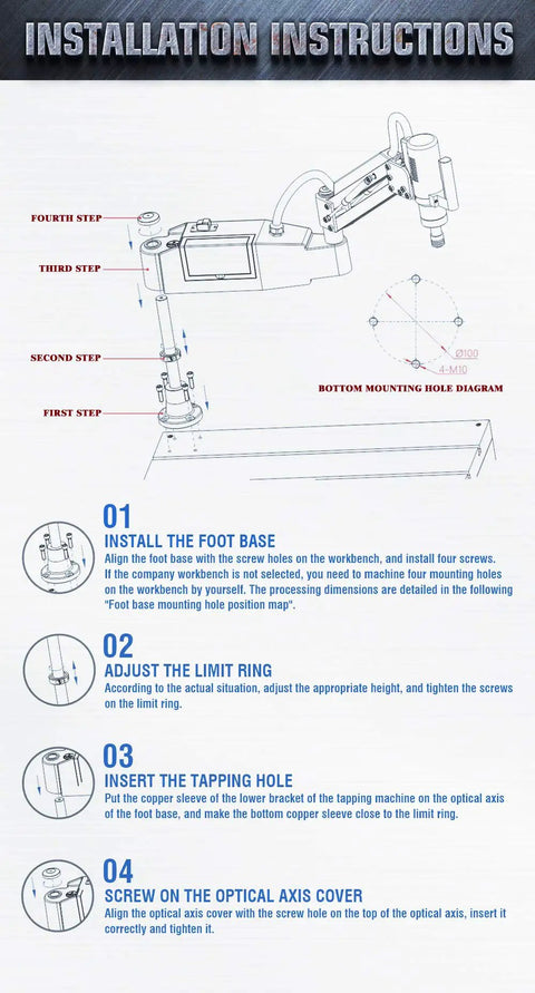 Installation instructions for Heavy Duty Electric Tapping Machine With 360 Degree Universal Tapping Arm And 9Pcs Ansi Collets.