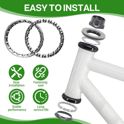 12 Piece Bike Wheel Ball Bearings and Retainer Cages Set in Three Sizes for Front and Rear Hubs and Bottom Bracket, steel parts shown