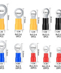 Various sizes of insulated O-ring connectors from 102 Piece Wire Terminal Crimp Kit Must Have With Insulated O Ring Connectors.