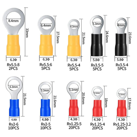 Various sizes of insulated O-ring connectors from 102 Piece Wire Terminal Crimp Kit Must Have With Insulated O Ring Connectors.