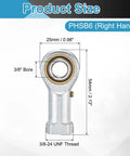 PHSB6 3/8 Inch Female Rod End Bearing Set - 4 Pack 3/8-24 UNF Right Hand Female Thread Rod Ends With Jam Nuts For Agriculture, Machinery, CNC Equipment Built To Last Heavy Duty Industrial Grade, 3/8 bore