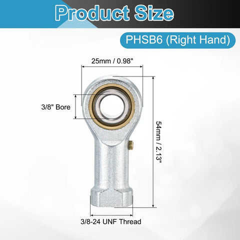 PHSB6 3/8 Inch Female Rod End Bearing Set - 4 Pack 3/8-24 UNF Right Hand Female Thread Rod Ends With Jam Nuts For Agriculture, Machinery, CNC Equipment Built To Last Heavy Duty Industrial Grade, 3/8 bore