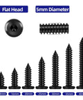 50-Piece M5 X 30mm Black Self-Tapping Screws, 304 Stainless Steel Flat Head Hex Socket Cap Screws With Drive Bit shown in various sizes