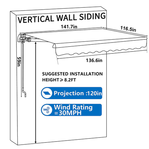 12x10 Ft Manual Retractable Outdoor Patio Awning With Easy Crank Handle Windproof And UV Protected Sun Shade Canopy For Deck Backyard Garden Or Balcony Water Resistant Gray Polyester Fabric installation schematic