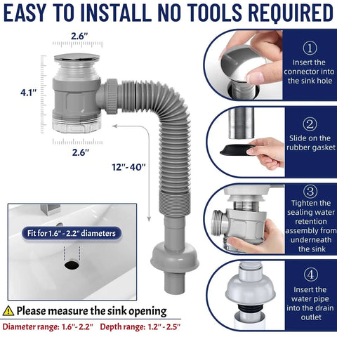 Heavy Duty Stainless Steel Vessel Sink Drain Kit With Clear Bottle Trap And Flexible Water Seal Pipe dimensions and installation steps.