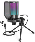 AmpliGame USB Gaming Microphone For PC And PS5 with RGB lighting, tripod stand, pop filter, and USB cable for streaming.