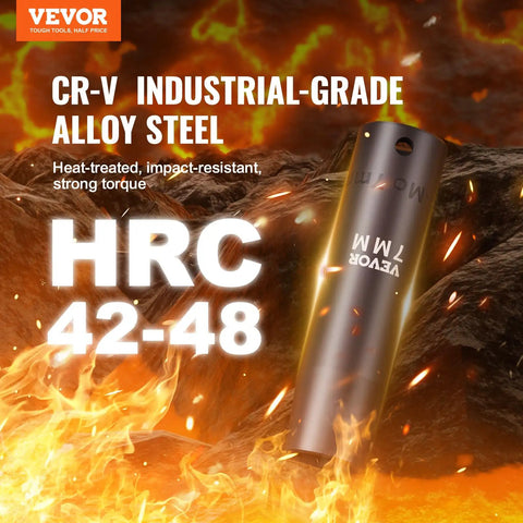 Half Inch Drive Impact Socket Set, 65-Piece SAE And Metric, Cr-V Alloy Steel, shown with HRC 42-48 strength rating in flames.