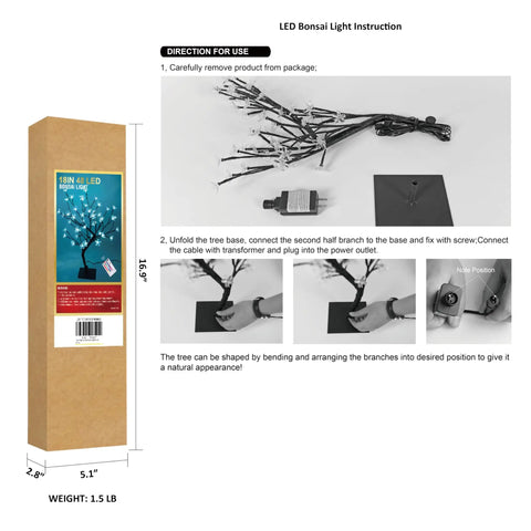 18 Inch Cherry Blossom Bonsai Tree With 48 RGB LED Lights Remote 16 Color Changing Modes assembly instructions and packaging