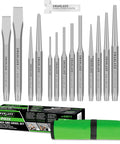 Versatile 16 Piece Punch And Chisel Set With Pro Grade Taper Punch Pin Center Punches Cold Chisels And Gauge displayed with packaging