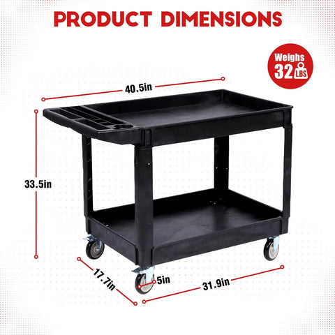 Heavy Duty Rolling Utility Cart Two Tier Service Cart With Wheels Ergonomic Handle 550 Lbs Capacity Plastic Tool Cart For Warehouse Garage Workshop And Kitchen Durable HDPE Trolley 40.5x17.7 Inches, 40.5in x 33.5in shown