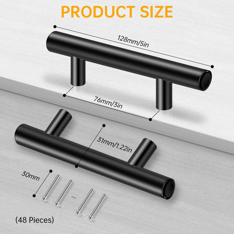 Diagram showing 24 Pack 5 Inch Stainless Steel Cabinet Pulls With Brushed Nickel Finish 3 Inch Center To Center Hole Spacing For Kitchen And Bathroom Cabinets Rust Resistant And Durable, with dimensions.