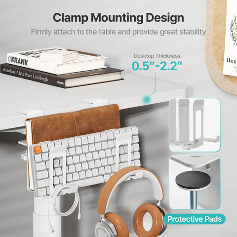 Slick Under Desk Laptop Stand Vertical Dual Slot Holder showcasing clamp mounting design, adjustable for 0.5" to 2.2" thick desks.