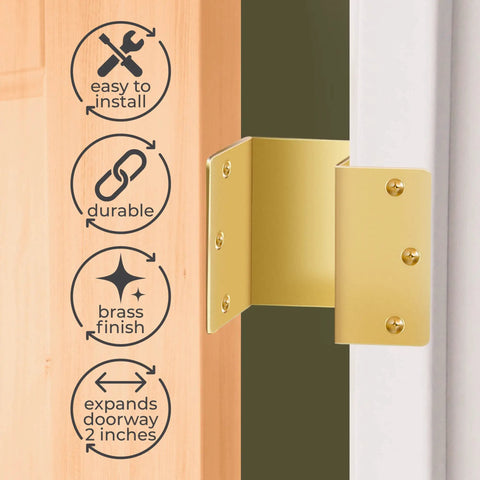 Brass Expandable Door Hinges With Offset Design Adds Two Inches To Door Openings For Wheelchairs Walkers And Transfer Chairs Three Pack No Brainer Easy Install, shown with installation icons and brass finish on wooden door.