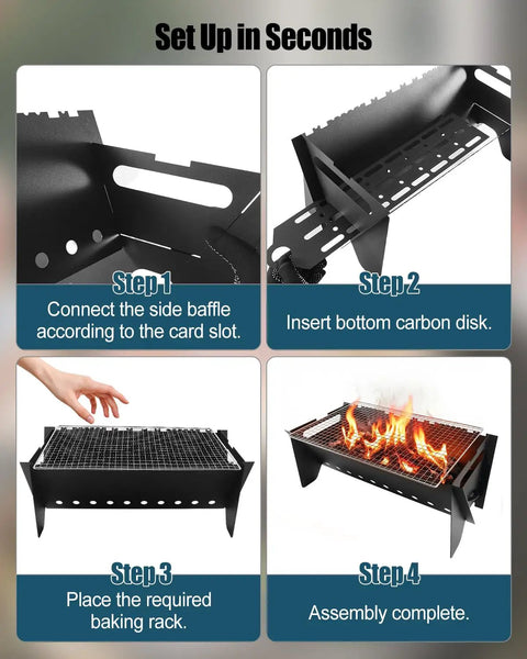 Steps to set up Portable Folding Charcoal Grill With Griddle Surface, Grate And Wire Mesh for outdoor grilling sessions.