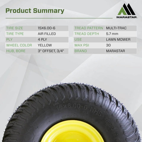 Front Tire And Wheel Assembly For Riding Lawn Mower 15x6.00-6 Tubeless 4 Ply Replacement Set Ready To Roll 3 Inch Offset Hub