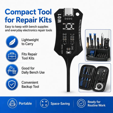 Inductance Tester For PCBs And Motherboard Coils Pro Grade Electronic Circuit Board Detector W01 shown with tool kits.