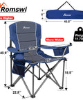 Oversized Camping Chairs With Heavy Duty 500 Lb Capacity, Padded Back And Armrests, Built In Cup Holder And Cooler Bag, Blue, dimensions shown
