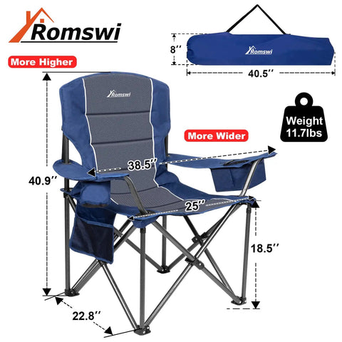 Oversized Camping Chairs With Heavy Duty 500 Lb Capacity, Padded Back And Armrests, Built In Cup Holder And Cooler Bag, Blue, dimensions shown