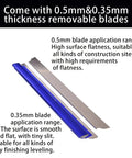 Pro Grade Skimming Blade Set For Drywall With Outer Case, showing 0.5mm & 0.35mm thickness removable aluminum and steel blades.