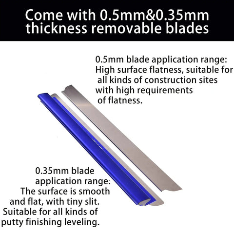 Pro Grade Skimming Blade Set For Drywall With Outer Case, showing 0.5mm & 0.35mm thickness removable aluminum and steel blades.