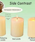3D moving flickering flameless candle comparison with real candle showing safe, pet and kid-friendly features.