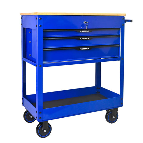 Rolling Tool Cart With Wheels 3 Drawers And A Wooden Top Heavy Duty Mechanics Cabinet For Garage Workshop And Warehouse