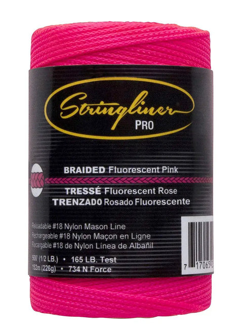 Braided Mason Line Replacement Roll 500 Ft Pink Nylon Number 18 165 Lb Strength Heavy Duty Contractor Pack Six Pack