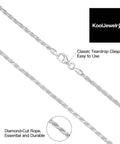 Sterling Silver Diamond Cut Rope Chain Bracelet 2.3mm 8.5 Inch, Hypoallergenic Nickel Free 925 Stamp, featuring a teardrop clasp.