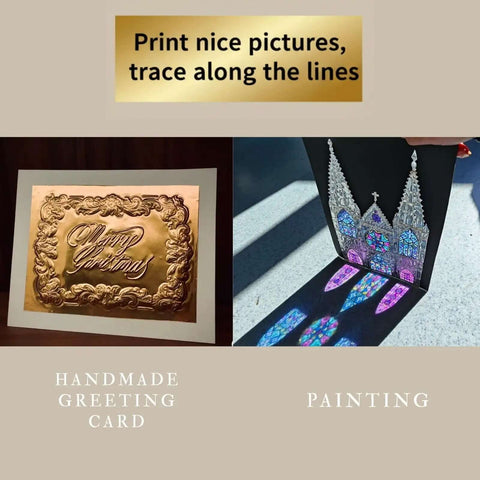 Gold Tin Foil Craft Kit with greeting card and painting showcasing embossed design and colorful projection.