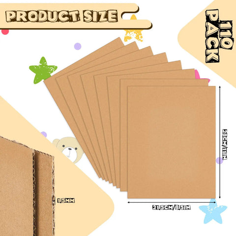 110 Pack 11 x 8.5 Inch Corrugated Cardboard Sheets for Shipping and Crafting, displayed with dimensions and thickness.