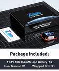 Go-To 3S LiPo Battery 850mAh 11.1V 50C With JST Plug package contents including battery, manual, and box