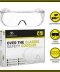 Packaging and single unit of OTG Safety Glasses For Over Eyeglasses Pack Of 4 For Men And Women Anti Fog Dust Proof UV Protection ANSI Z87 1