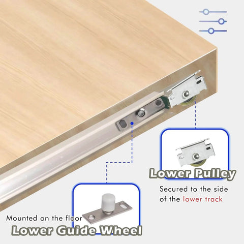 Concealed Sliding Door Hardware Kit With Soft Close Mechanism And Hidden Rails, showing lower guide wheel and pulley.