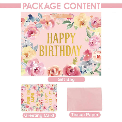13-Inch Large Happy Birthday Gift Bag With Card And Tissue Papers Floral Design Handles Pink Perfect For Women Girls Birthday Party Gift Wrapping Ideal For Party Decor Gift Opening And Special Celebrations