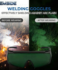 Lightweight IR5.0 Welding Sunglasses Featuring A Snug Wrap-Around Fit For Kickass Eye Protection During Hardcore Shop Jobs And Weekend Garage Builds With Zero Sweat Interference, showcasing before and after arc flash protection.