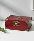 Red jewelry box with Vintage H Shape Hinges Set 1.6 Inch Antique Mini Decorative Hinges, gold accents on white table.