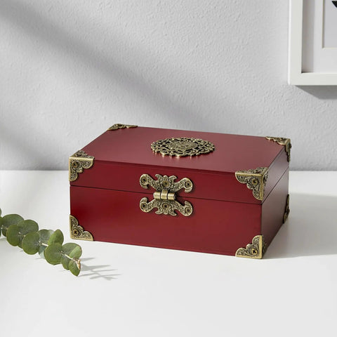 Red jewelry box with Vintage H Shape Hinges Set 1.6 Inch Antique Mini Decorative Hinges, gold accents on white table.