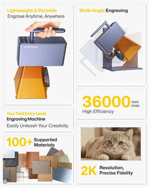 LaserPecker LP2 laser engraver with rotary roller, portable blue-top unit on orange base.