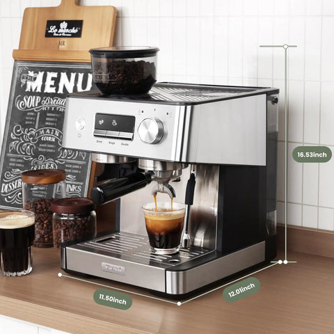 Next Level Espresso Machine With Built In Burr Grinder, 20 Bar Killer Coffee Maker For Homemade Cappuccinos on kitchen counter.