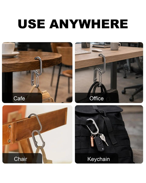 Ultra Light Aerospace Grade Titanium Purse Hook For Table And Desk Outdoor Carabiner Clip Lightweight EDC Bag Hook in use