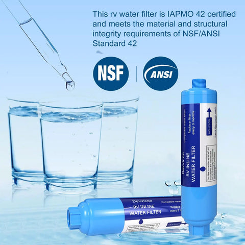 Essential 2 Pack Rv Inline Water Filter With Flexible Hose Protector Lead Free Bpa Free Nsf Tested Activated Carbon beside clean glasses of water.
