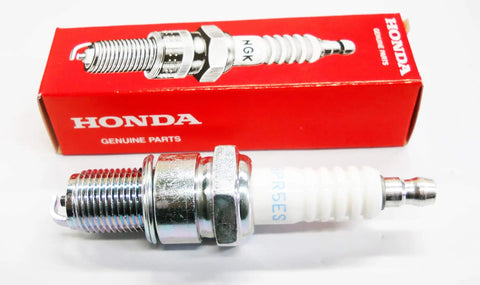 Close-up of Honda Spark Plug BPR5ES 98079-55846 OEM Replacement with box, Made In Japan for cars, ATVs, power equipment.