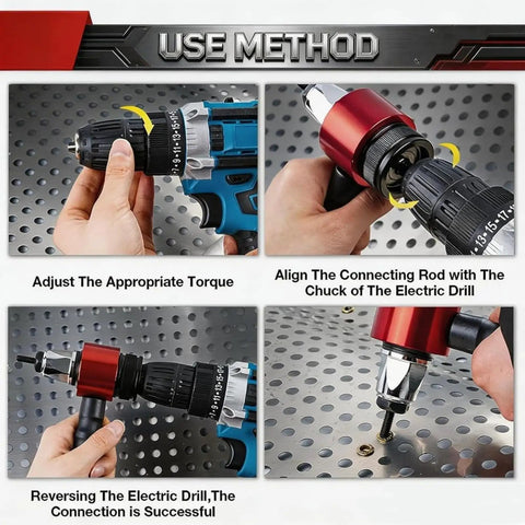 Steps to use Rivet Nut Setter Kit For Cordless Drill M3 To M8, Quick Change Blind Riveter Nut Tool with torque adjustment and drill alignment