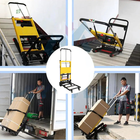120W Powered Electric Stair Climbing Hand Truck Dolly Cart With 24V Lithium Battery, Heavy Duty Stair Climber For Moving Boxes And Gear. Yellow steel frame