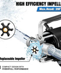 Powerful 115V Water Transfer Pump with 6 Ft Hose Kit 330 GPH, showing water flow with replaceable impeller